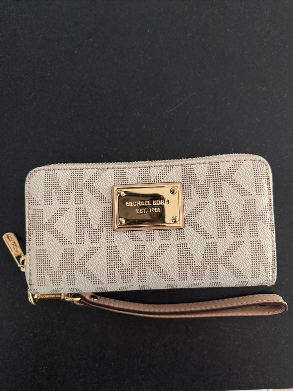 Michael Kors Beige Monogram Zip Wristlet with Gold Plaque